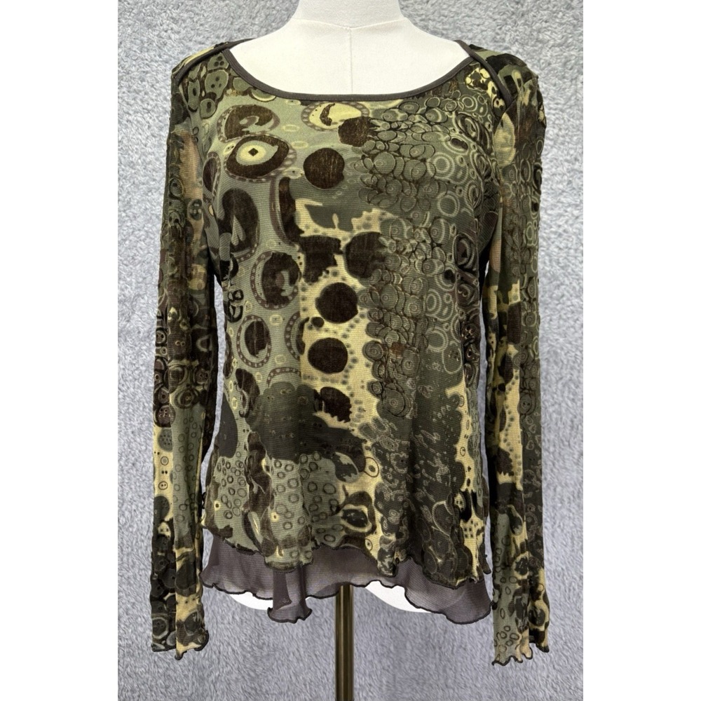 Vintage 90s Tribal Women's Medium Green Sheer Mesh Ruffle Top Stretch Whimsigoth